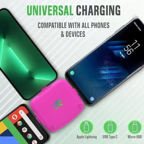 Four portable battery chargers in different colors: pink, blue, white, and black, each with a label displaying the brand.