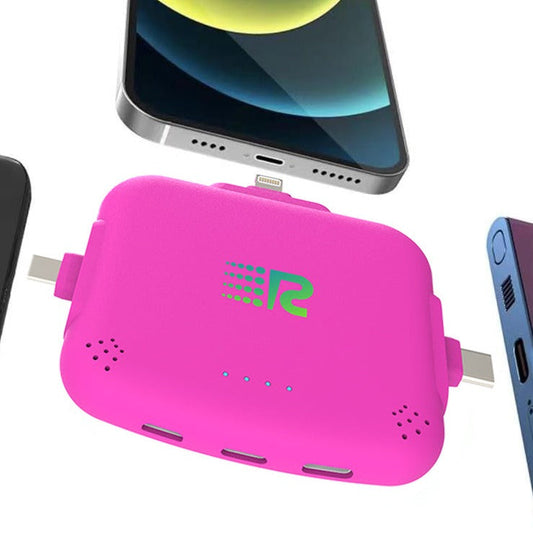 An 8-pack of Rush Charge Universe chargers in all available colors: black, white, blue, red, purple, pink, gold, and grey.