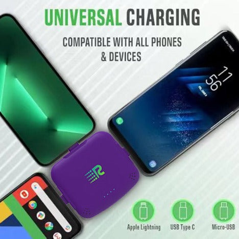 An 8-pack of Rush Charge Universe chargers in all available colors: black, white, blue, red, purple, pink, gold, and grey.