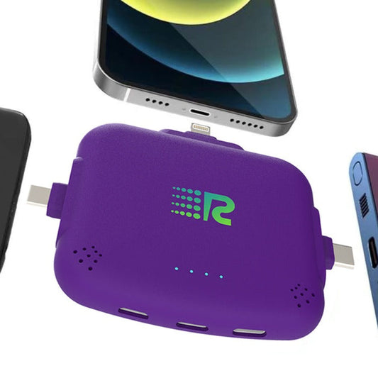 An 8-pack of Rush Charge Universe chargers in all available colors: black, white, blue, red, purple, pink, gold, and grey.