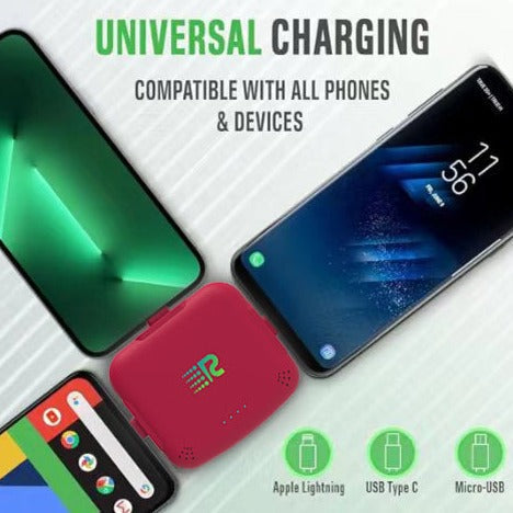 An 8-pack of Rush Charge Universe chargers in all available colors: black, white, blue, red, purple, pink, gold, and grey.