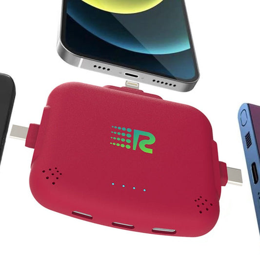 An 8-pack of Rush Charge Universe chargers in all available colors: black, white, blue, red, purple, pink, gold, and grey.