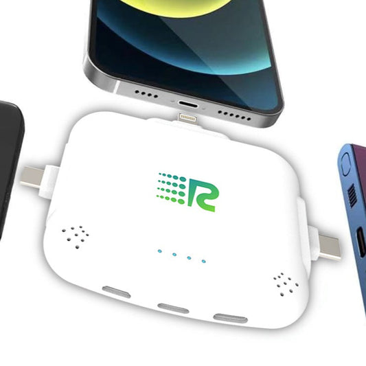 An 8-pack of Rush Charge Universe chargers in all available colors: black, white, blue, red, purple, pink, gold, and grey.