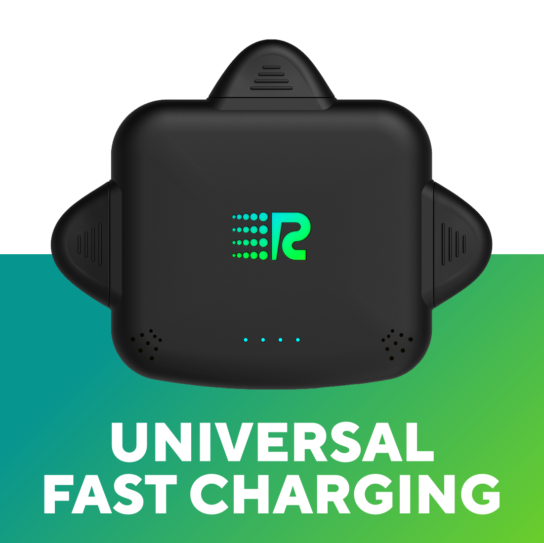 Black electronic device with a green logo on a white and green background, labeled 'Universal Fast Charging'.
