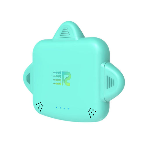 Four small electronic trackers in different colors (gray, mint green, pink, and white) lined up in a row against a plain white background.