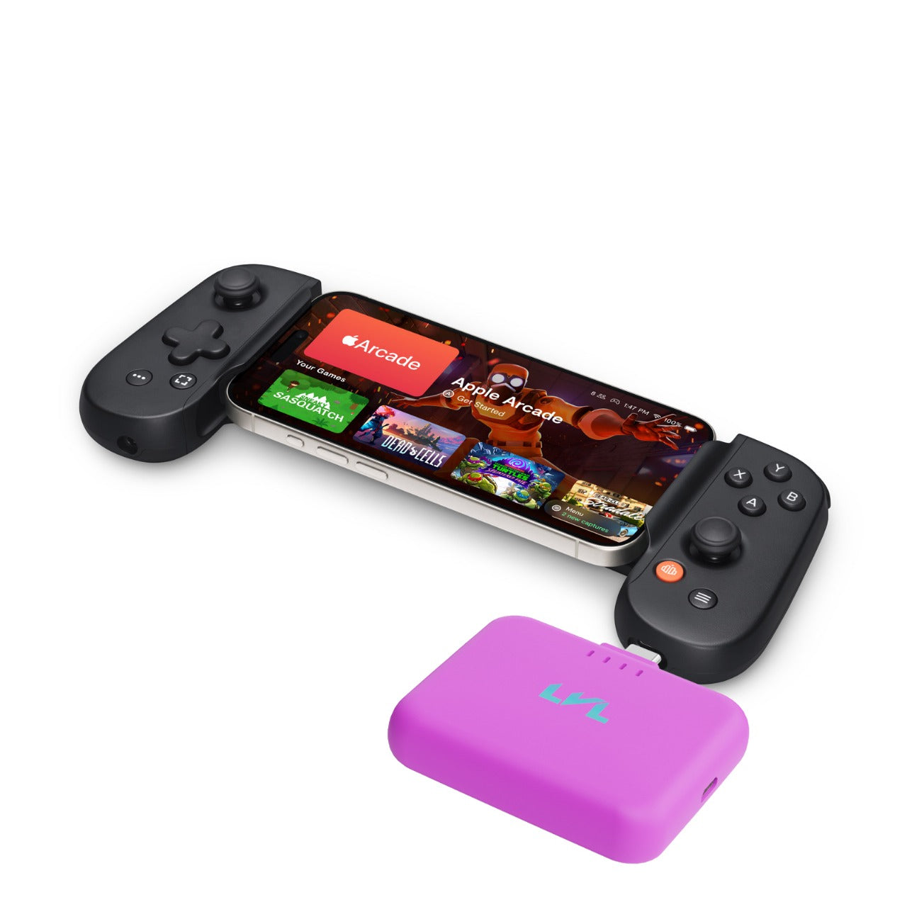 Phone with gaming app interface, two game controllers, and a purple accessory on a white background