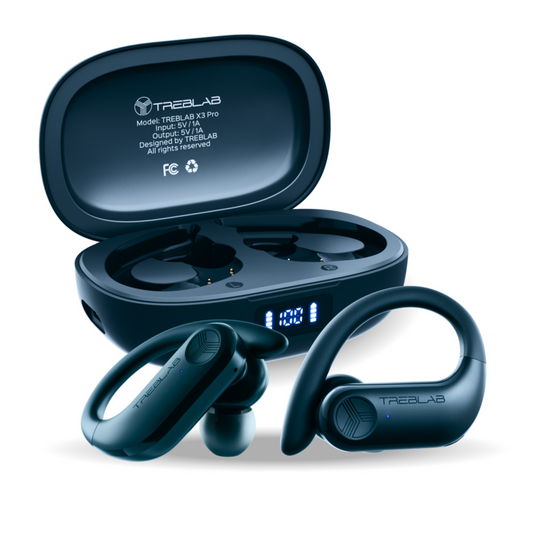 Blue wireless earbuds with charging case on a white background
