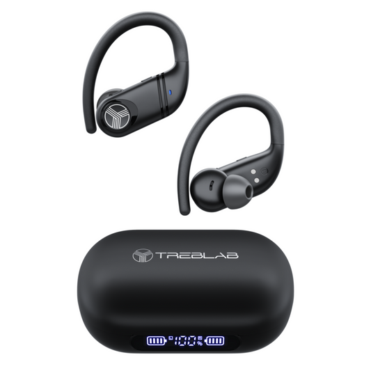 Two black Treblab wireless earbuds floating above their matching black charging case on a plain white background. The case has a white Treblab logo and a blue digital battery display showing 100% charge.