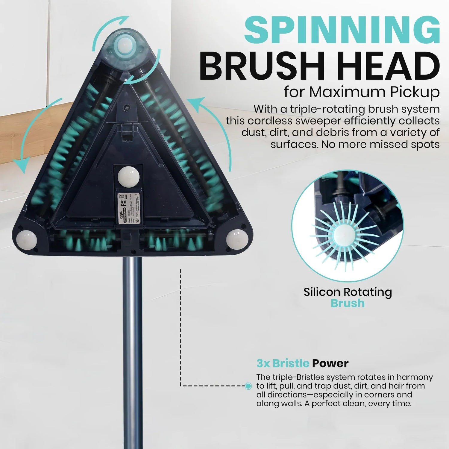 Triangular brush head with spinning brush head feature and text on a white background