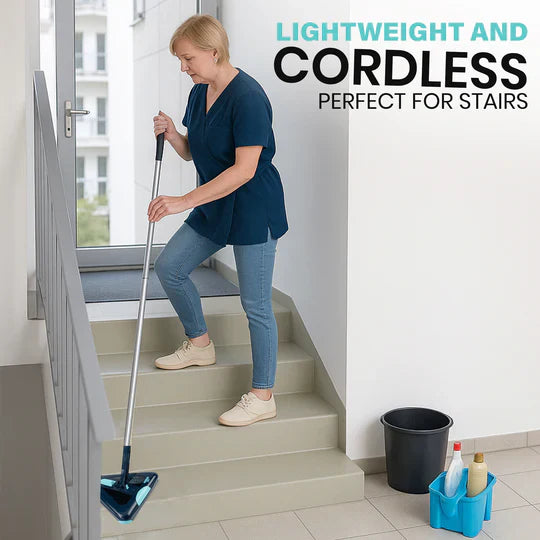Woman cleaning stairs with a cordless vacuum cleaner, text 'Lightweight and Cordless, Perfect for Stairs' above.