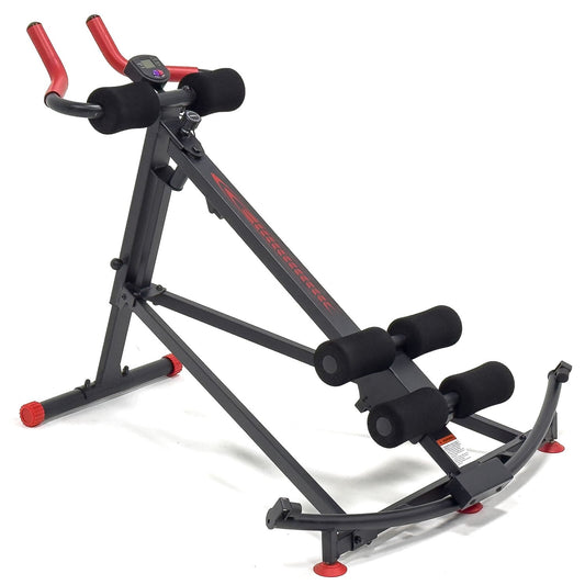 Black and red exercise machine on a gray background