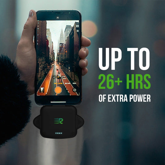 Four rectangular black portable power banks with a green 'R' logo on the front, arranged horizontally.