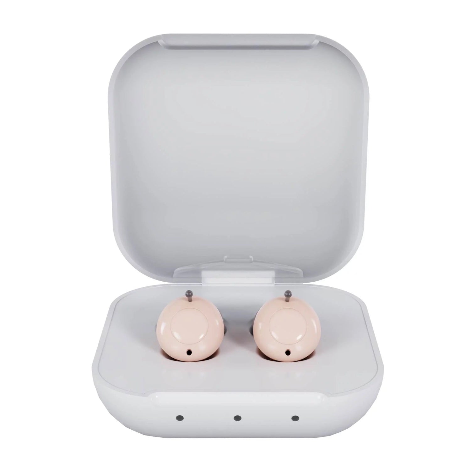 Pink wireless earbuds in a transparent charging case on a white background