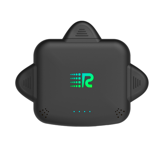 Four rectangular black portable power banks with a green 'R' logo on the front, arranged horizontally.
