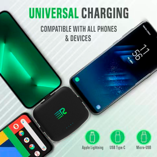 Four rectangular black portable power banks with a green 'R' logo on the front, arranged horizontally.