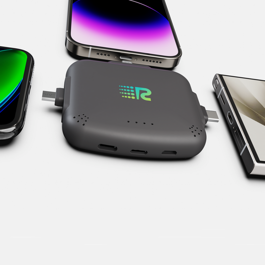 Four rectangular black portable power banks with a green 'R' logo on the front, arranged horizontally.