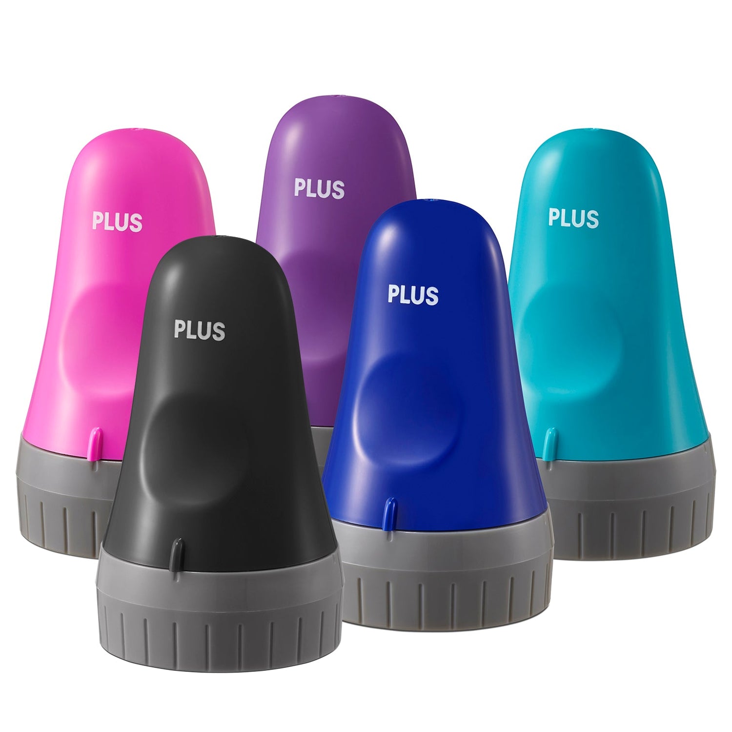 Five colorful stampers with 'PLUS' branding on a white background