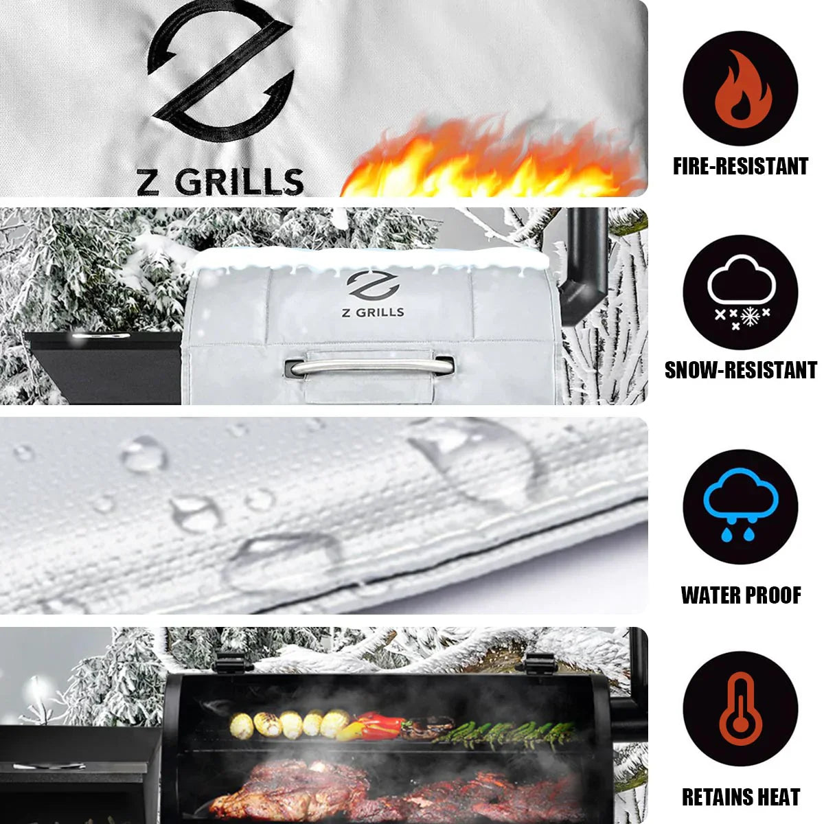Z Grills product with features highlighted on a snowy background
