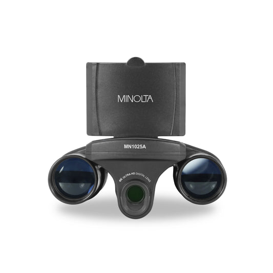 Black Minolta 10x25 4K UHD Digital Binoculars with a display screen on the right side, showing a bird image.