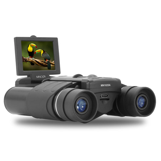 Black Minolta 10x25 4K UHD Digital Binoculars with a display screen on the right side, showing a bird image.