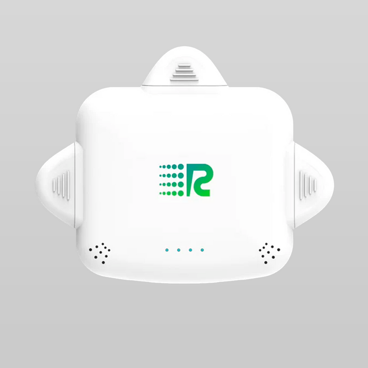 White electronic device with a logo on a gray background