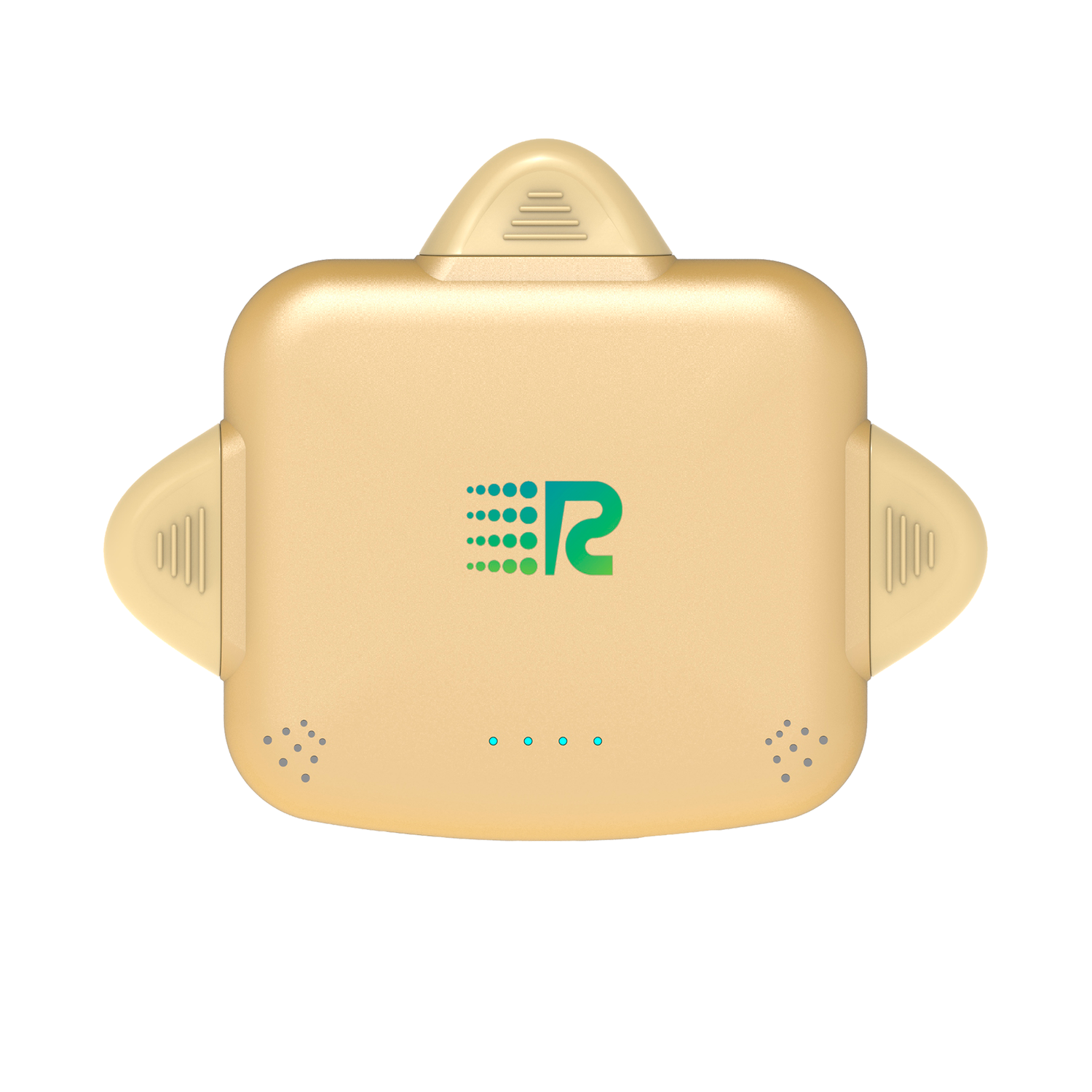 Gold electronic device with a logo on a white background