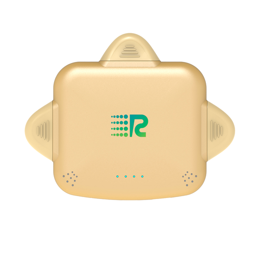 Gold electronic device with a logo on a white background