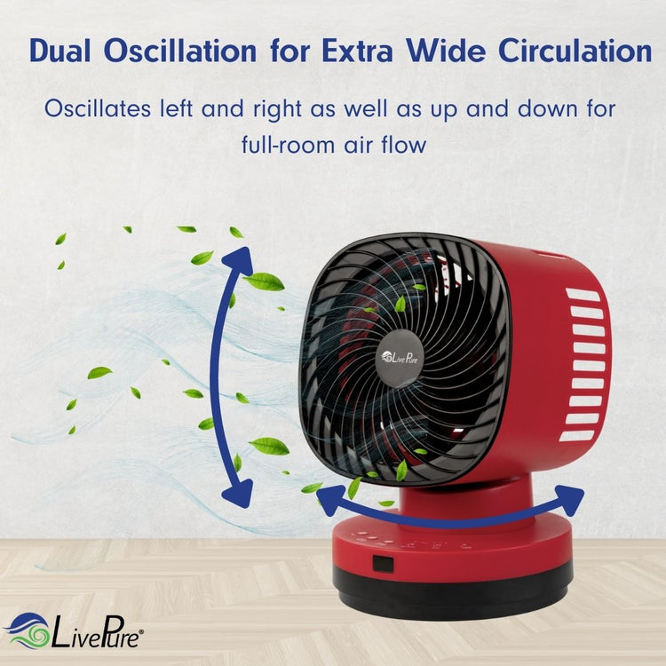 Red portable fan with dual oscillation feature on a white background