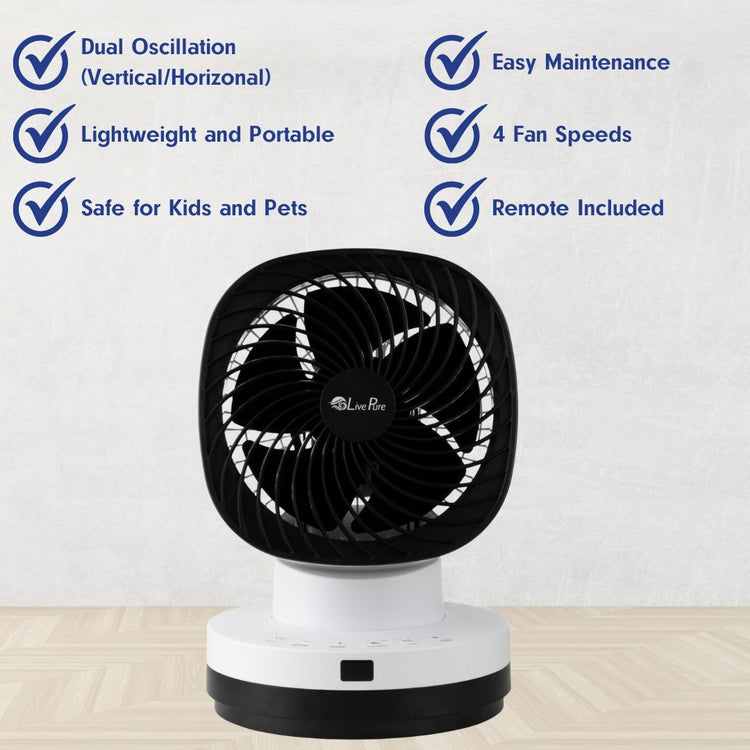 Black and white portable fan with features listed on a white background