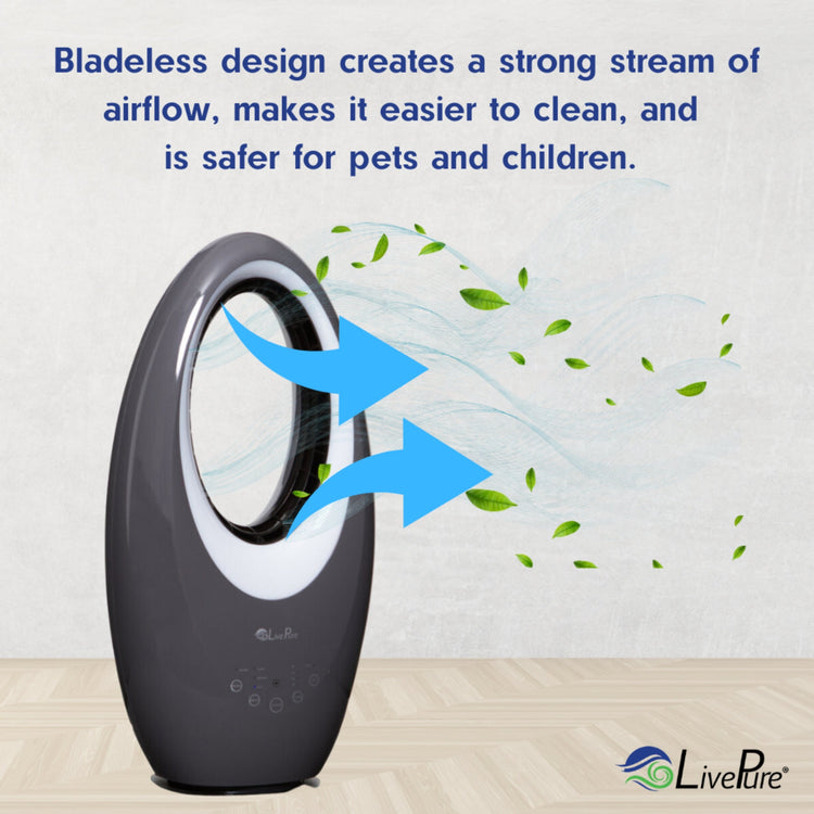 Black bladeless fan with text about its design benefits on a light background