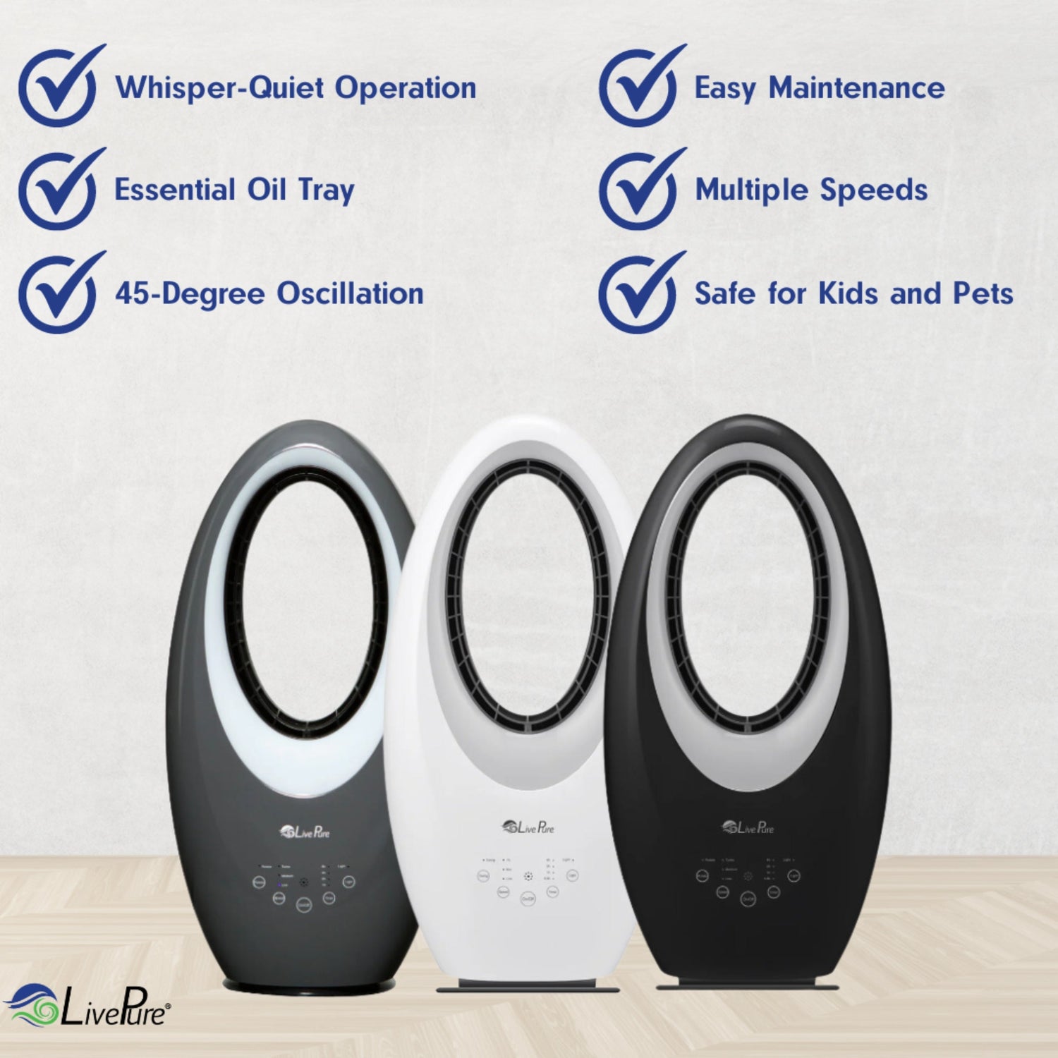 Three portable air purifiers with features listed above on a white background