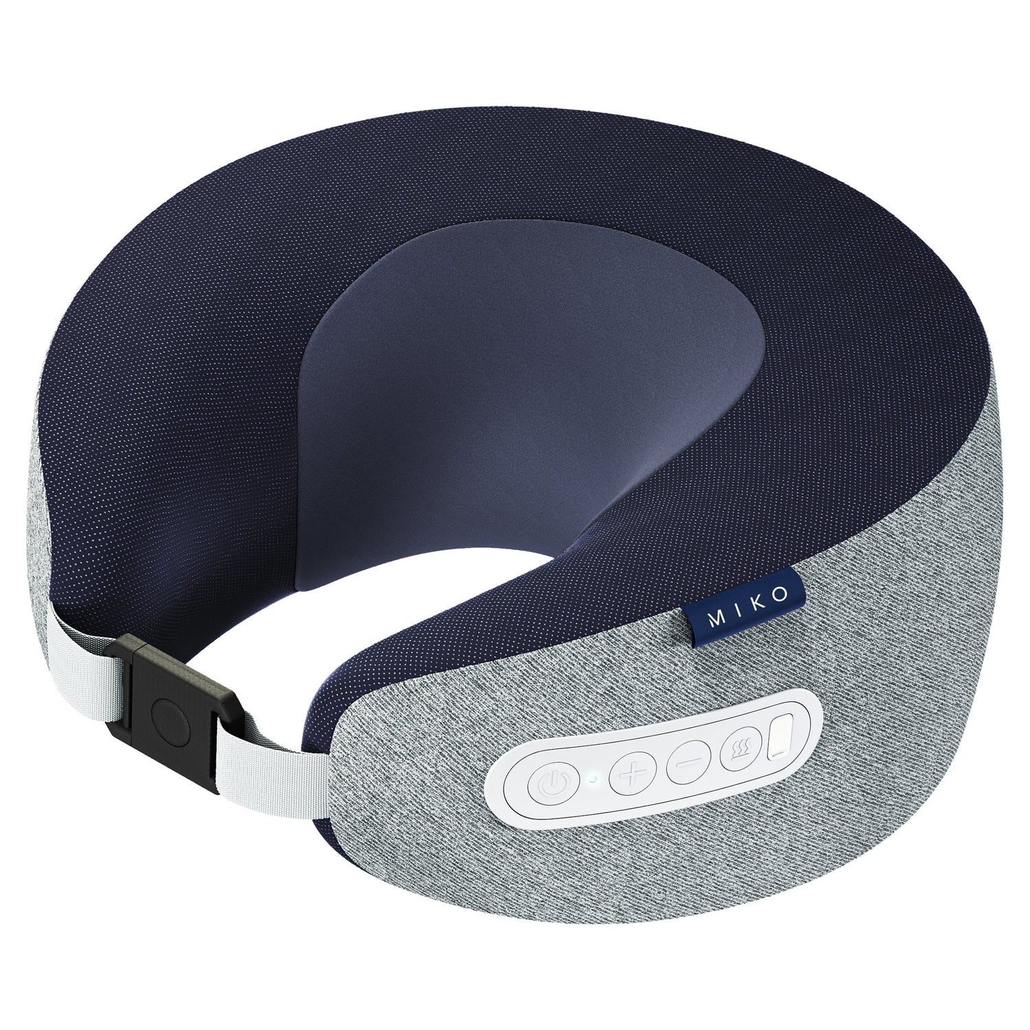 Navy and gray neck pillow with Bluetooth control panel on a white background
