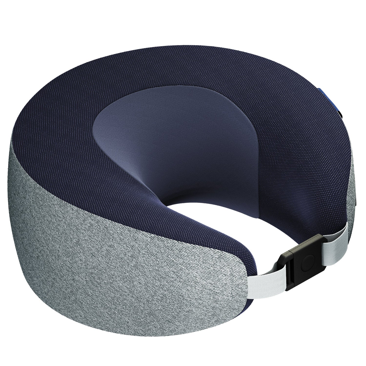 Navy and gray travel neck pillow with a strap on a white background