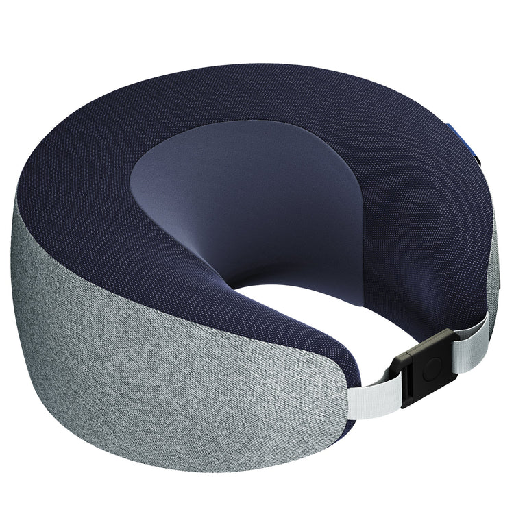 Navy and gray travel neck pillow with a strap on a white background