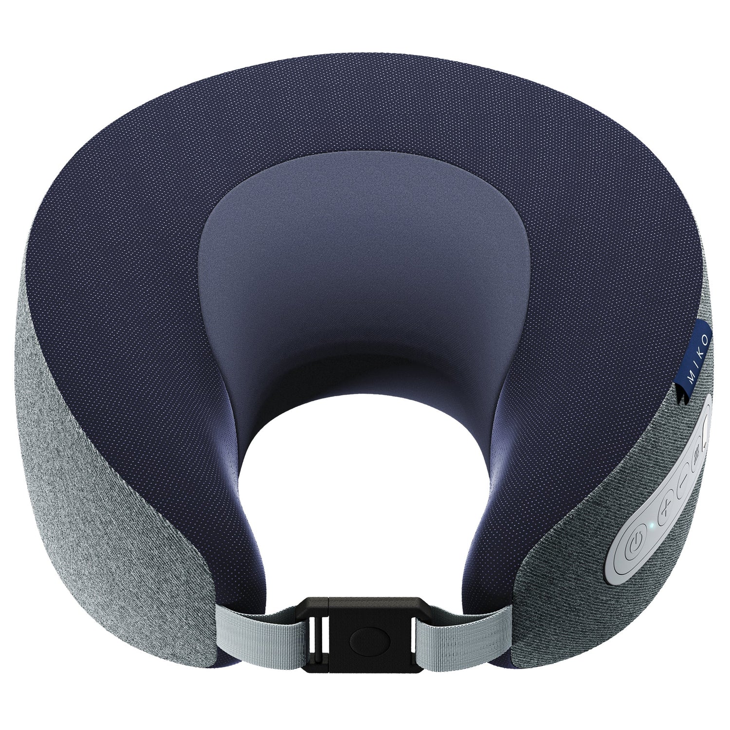 Navy and gray travel neck pillow with a strap on a white background