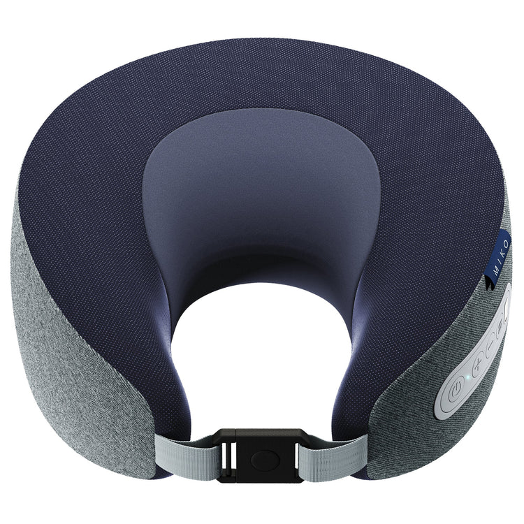 Navy and gray travel neck pillow with a strap on a white background