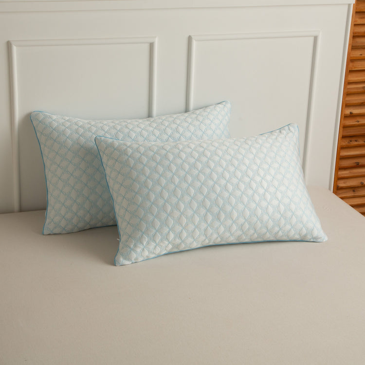 Two patterned pillows on a bed with a wooden headboard.