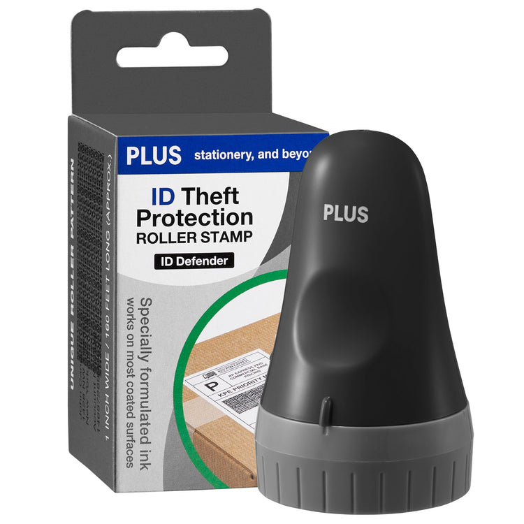 Black roller stamp with packaging labeled 'ID Theft Protection Roller Stamp' on a white background