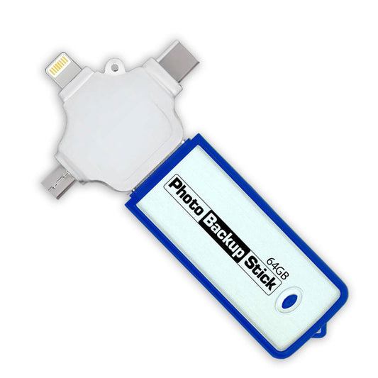 Photo Backup Stick with multiple connectivity ports on a white background