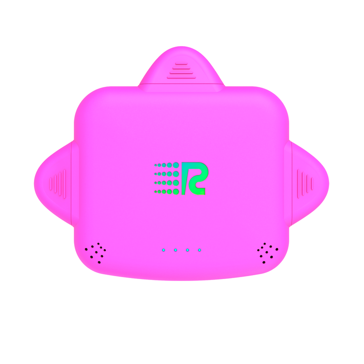 Pink electronic device with a green logo on a white background
