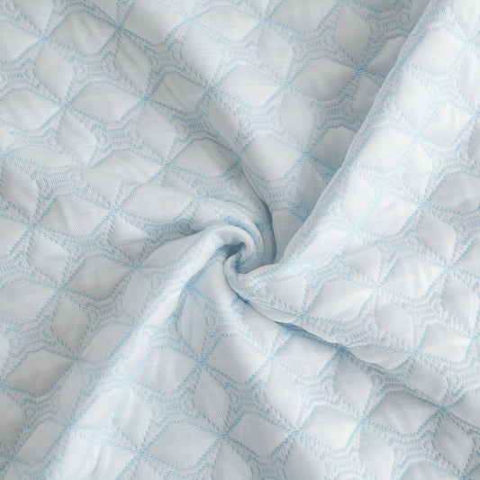 Two light blue patterned pillows on a bed with a white headboard.