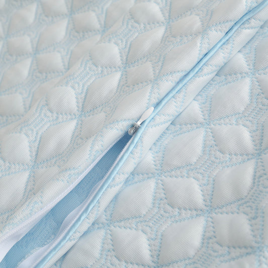 Two light blue patterned pillows on a bed with a white headboard.
