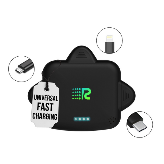 Four rectangular black portable power banks with a green 'R' logo on the front, arranged horizontally.